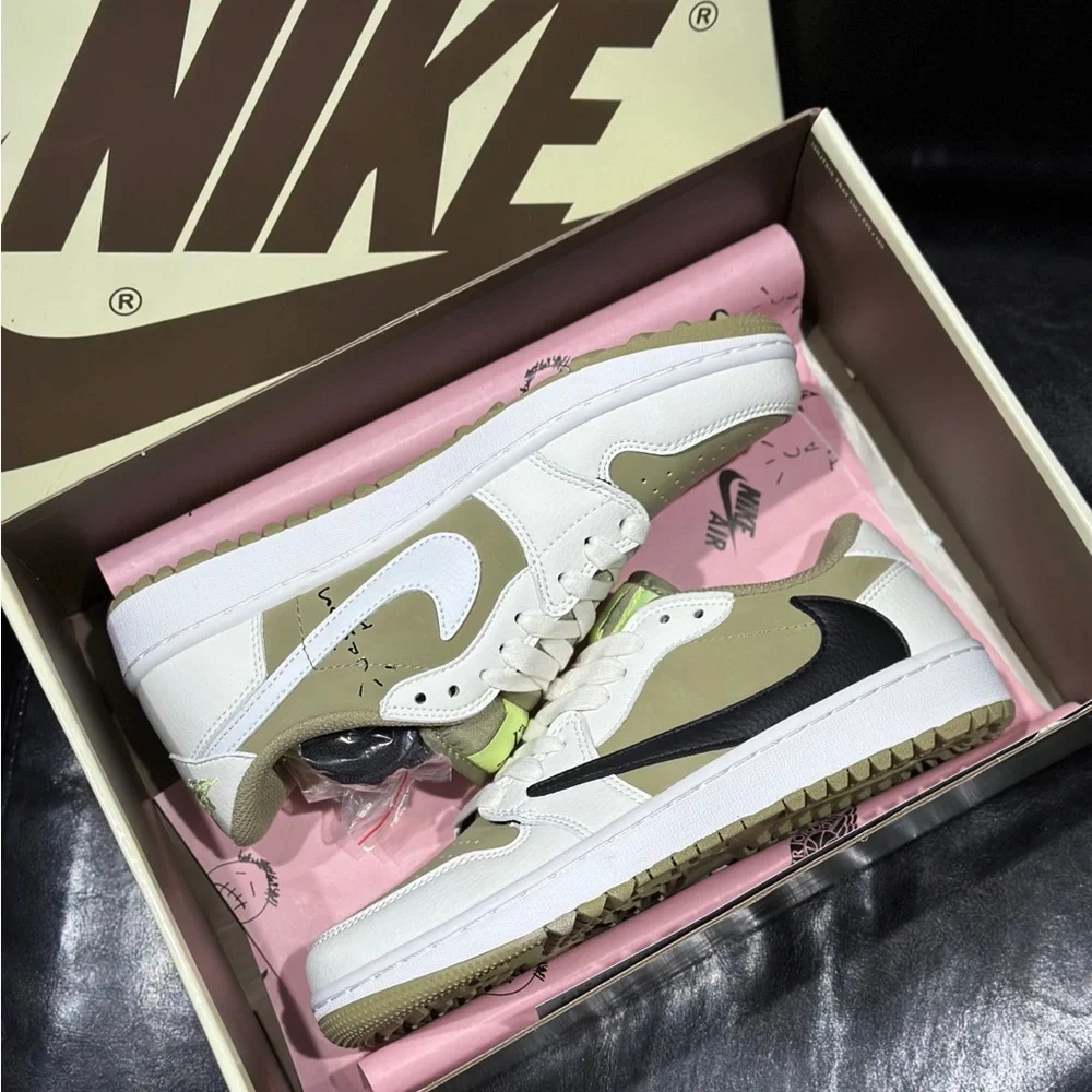 Nike Low-Top Sneakers in White, Beige & Black with Lime Tongue Accent
